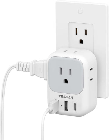 TESSAN Multi-Port (2 USB-A, 1 USB-C) + 1 3-Prong, 3 2-Prong Wall Plug Charging Station